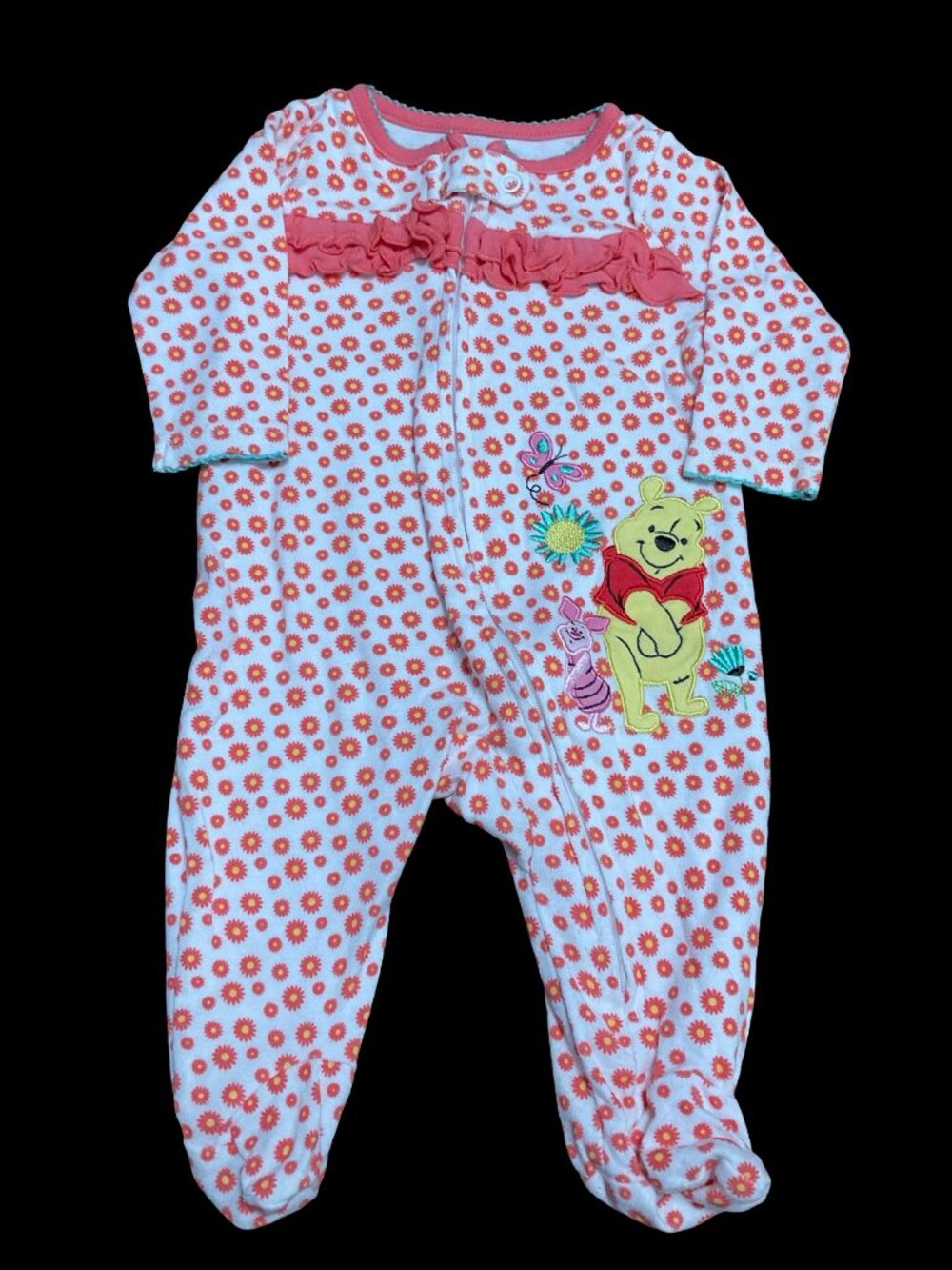 👣 5/$25 - Orange/White Daisy Print Sleeper w/ Winnie the Pooh Applique